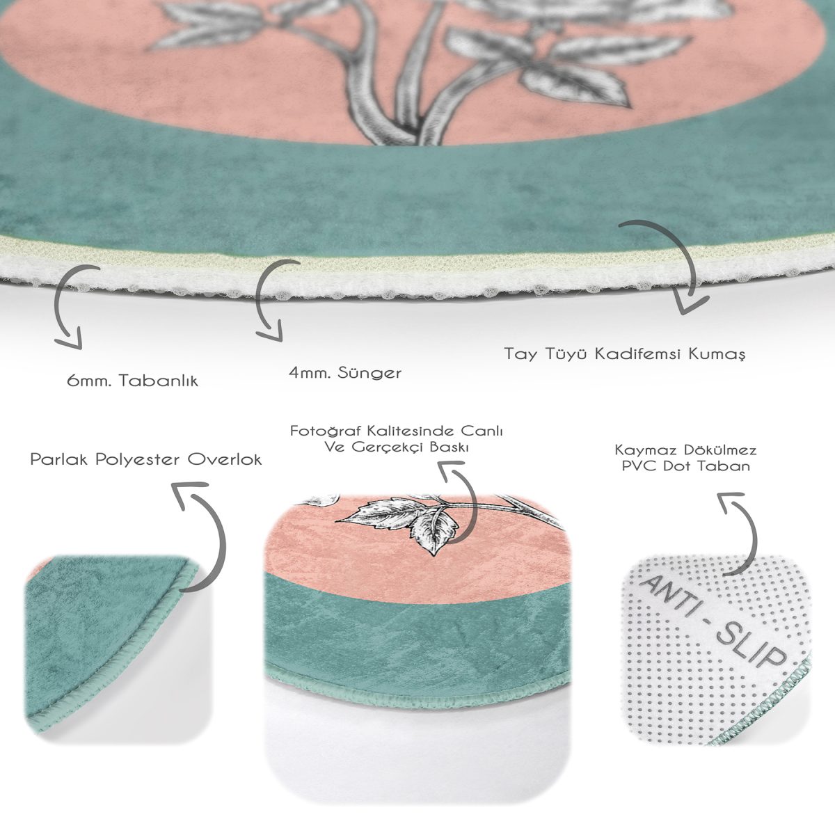 Realhomes Turkuaz Pudra Zeminli Gül Motifli Pembe Banyo Yıkanabilir Kaymaz Tabanlı Yuvarlak Kadife Halı Realhomes