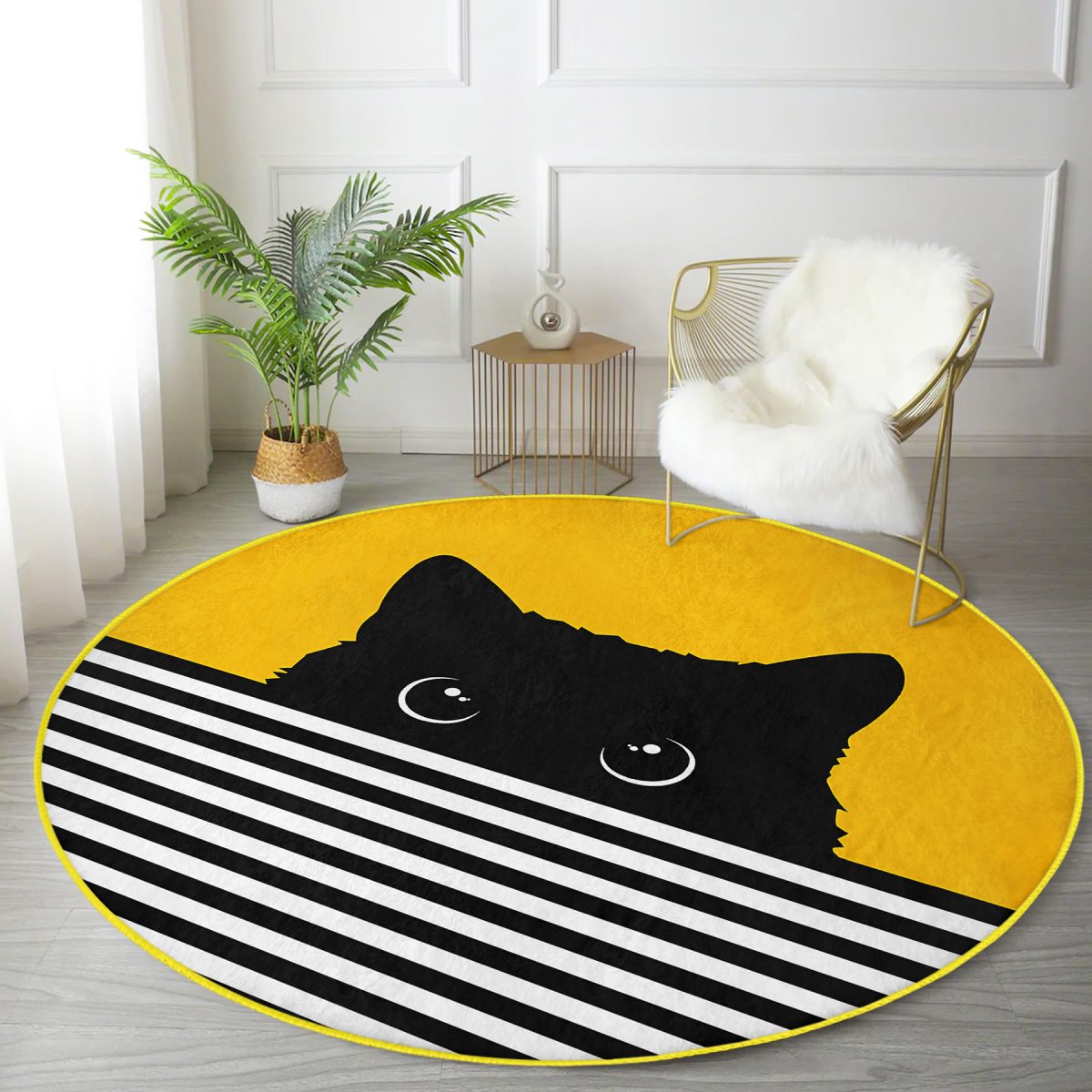Sarı Zemin Çizgili Motif Kara Kedi Tasarımlı Modern Gold Mutfak Yıkanabilir Kaymaz Tabanlı Yuvarlak Halı Realhomes