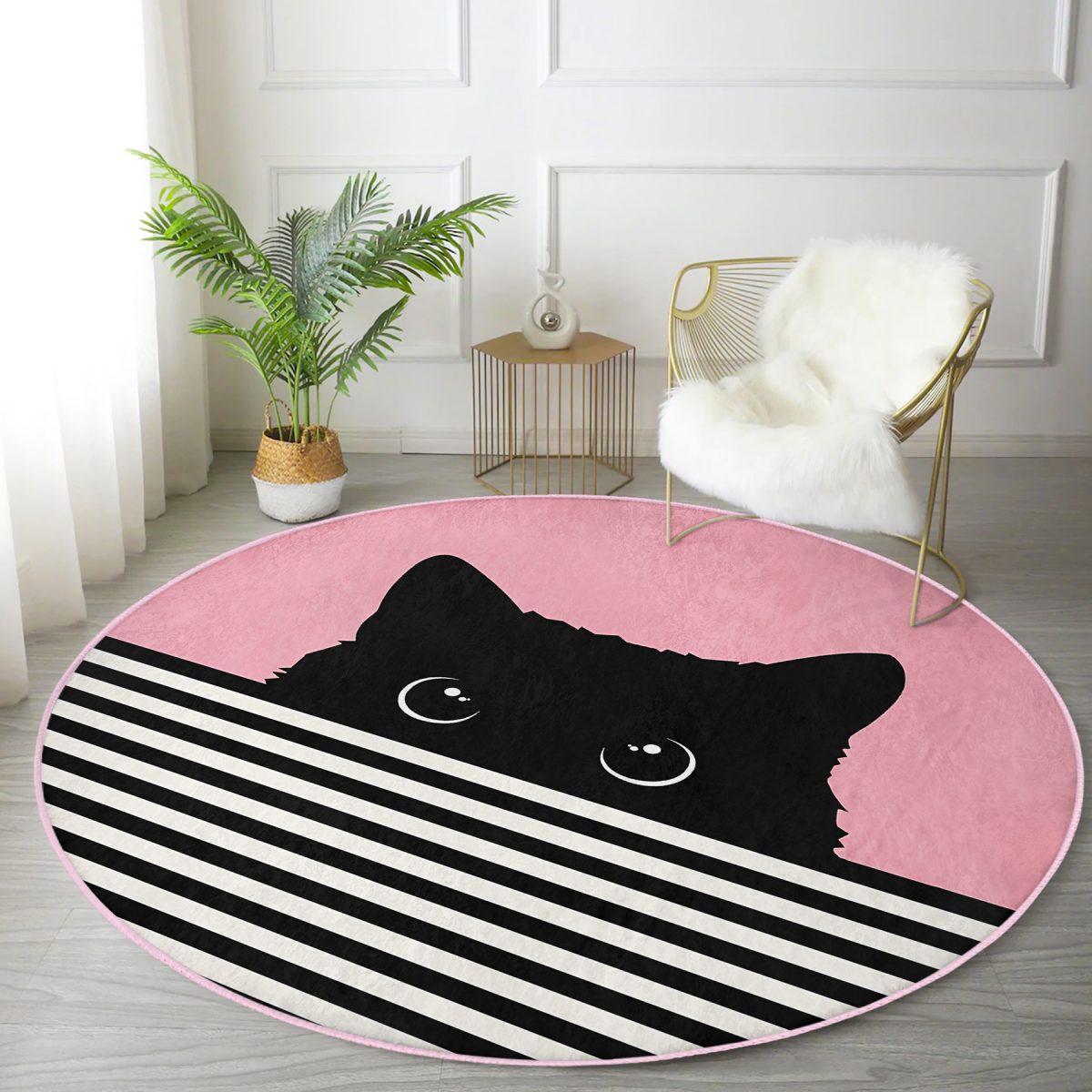 Pembe Zemin Çizgili Motif Kara Kedi Tasarımlı Modern Mutfak Yıkanabilir Kaymaz Tabanlı Yuvarlak Halı Realhomes