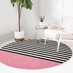 - RealHomes Dijital Baskılı Kaymaz Tabanlı Comfort Yuvarlak Halı - Realhomes  Pembe Zemin Siyah Çizgili Dijital Baskılı Modern Mutfak Yıkanabilir Kaymaz Tabanlı Yuvarlak Halı Realhomes