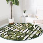 - RealHomes Dijital Baskılı Kaymaz Tabanlı Comfort Yuvarlak Halı - Realhomes  Çizgili Zemin Tropik Yaprak Motifli Modern Yeşil Salon ve Oturma Odası Yıkanabilir Kaymaz Tabanlı Yuvarlak Halı Realhomes