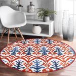 Realhomes Mavi Kırmızı Damask Motifli Bordo Salon ve Oturma Odası Yıkanabilir Kaymaz Tabanlı Yuvarlak Halı Realhomes