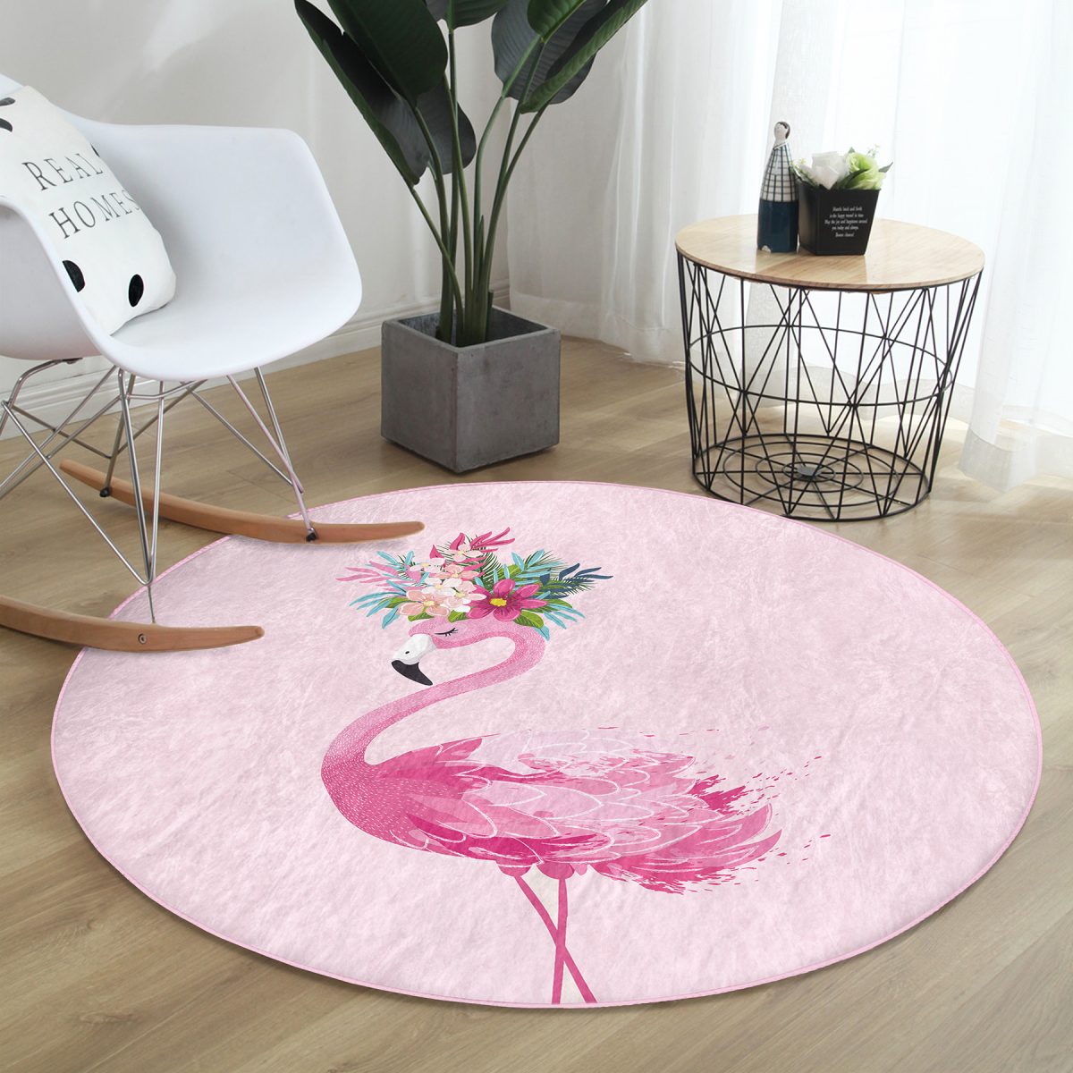 Realhomes Pembe Flamingo Motifli Dijital Baskılı Yatak Odası Yıkanabilir Kaymaz Tabanlı Yuvarlak Halı Realhomes