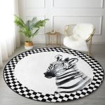 Realhomes Damalı Çerçeve Motifli Zebra Desenli Siyah Mutfak Yıkanabilir Kaymaz Tabanlı Yuvarlak Halı Realhomes