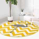 Realhomes Sarı Gri Zikzaklar ve Flamingo Desenli Gold Mutfak Yıkanabilir Kaymaz Tabanlı Yuvarlak Halı Realhomes