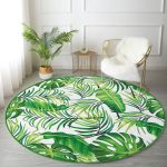 Realhomes Beyaz Zeminde Yeşil Yapraklar Tasarımlı Modern Salon ve Oturma Odası Yıkanabilir Kaymaz Tabanlı Yuvarlak Halı Realhomes