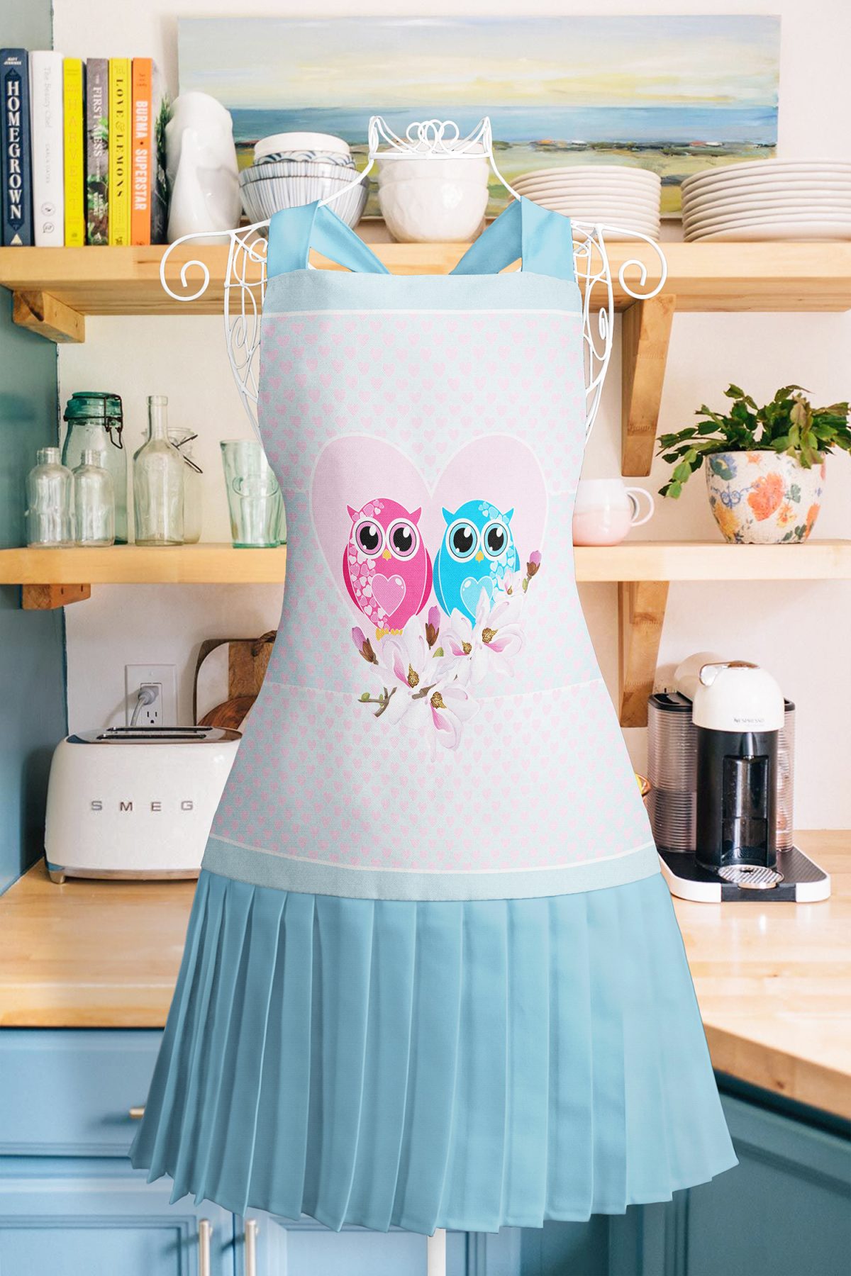 Realhomes Sevimli Baykuş Desenli Mutfak Önlüğü - Master Şef Çiçek Motifli Askılı Bulaşık Aşçı Leke Tutmaz Dijital Baskılı Önlük Realhomes
