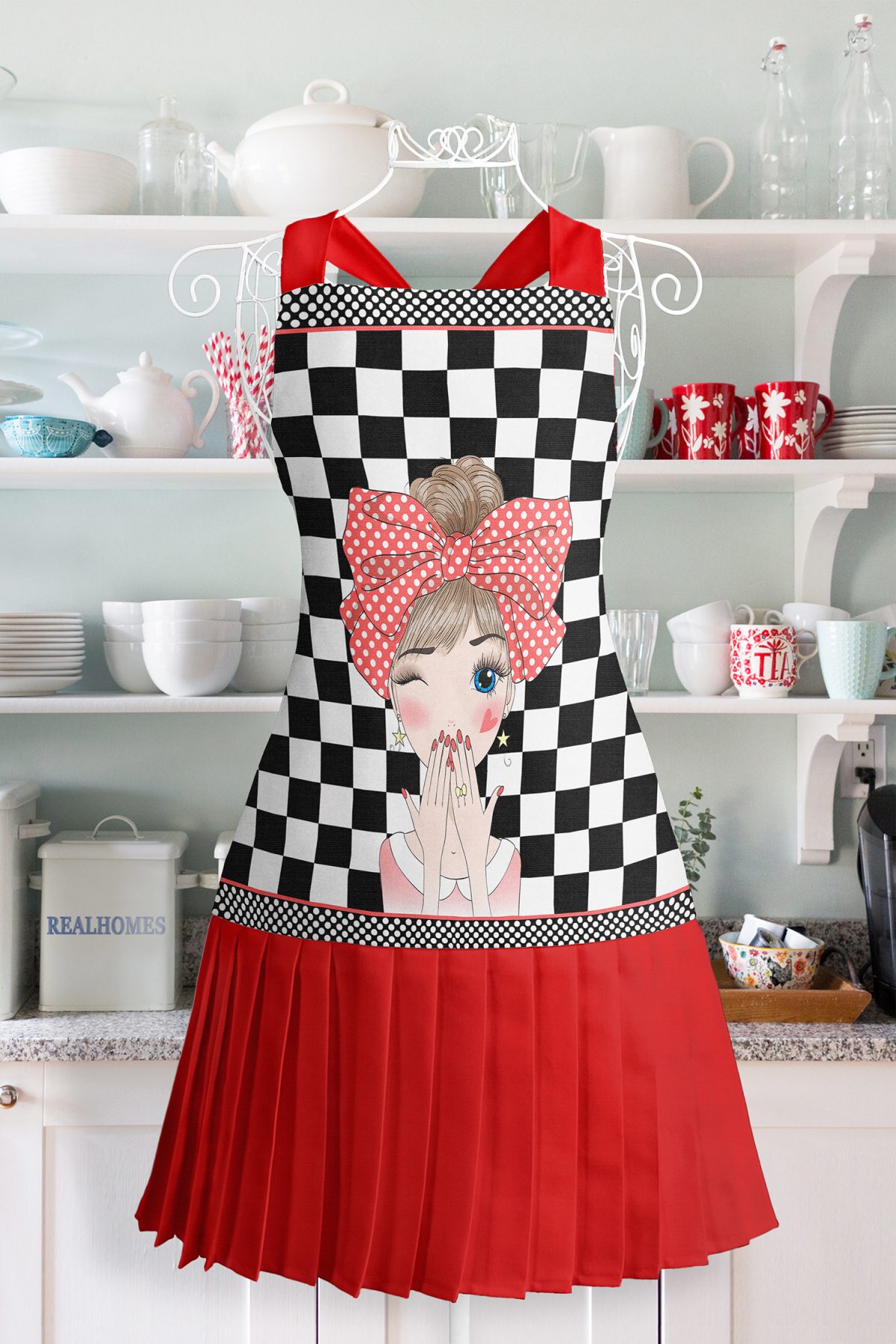 Realhomes Dama Desenli Mutfak Önlüğü - Özel Tasarım Öpücük Atan Kız Motifli Askılı Bulaşık Aşçı Leke Tutmaz Dijital Baskılı Önlük Realhomes