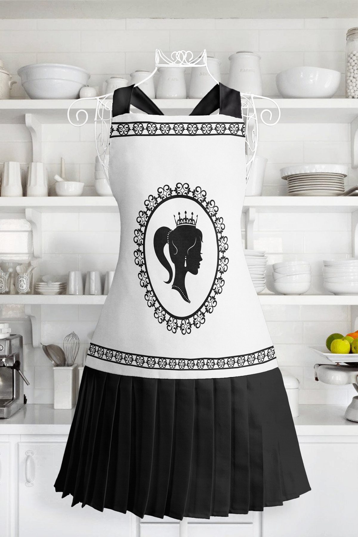 Realhomes Kraliçe Desenli Mutfak Önlüğü - Master Şef Çerçeve Motifli Askılı Bulaşık Aşçı Leke Tutmaz Dijital Baskılı Önlük Realhomes