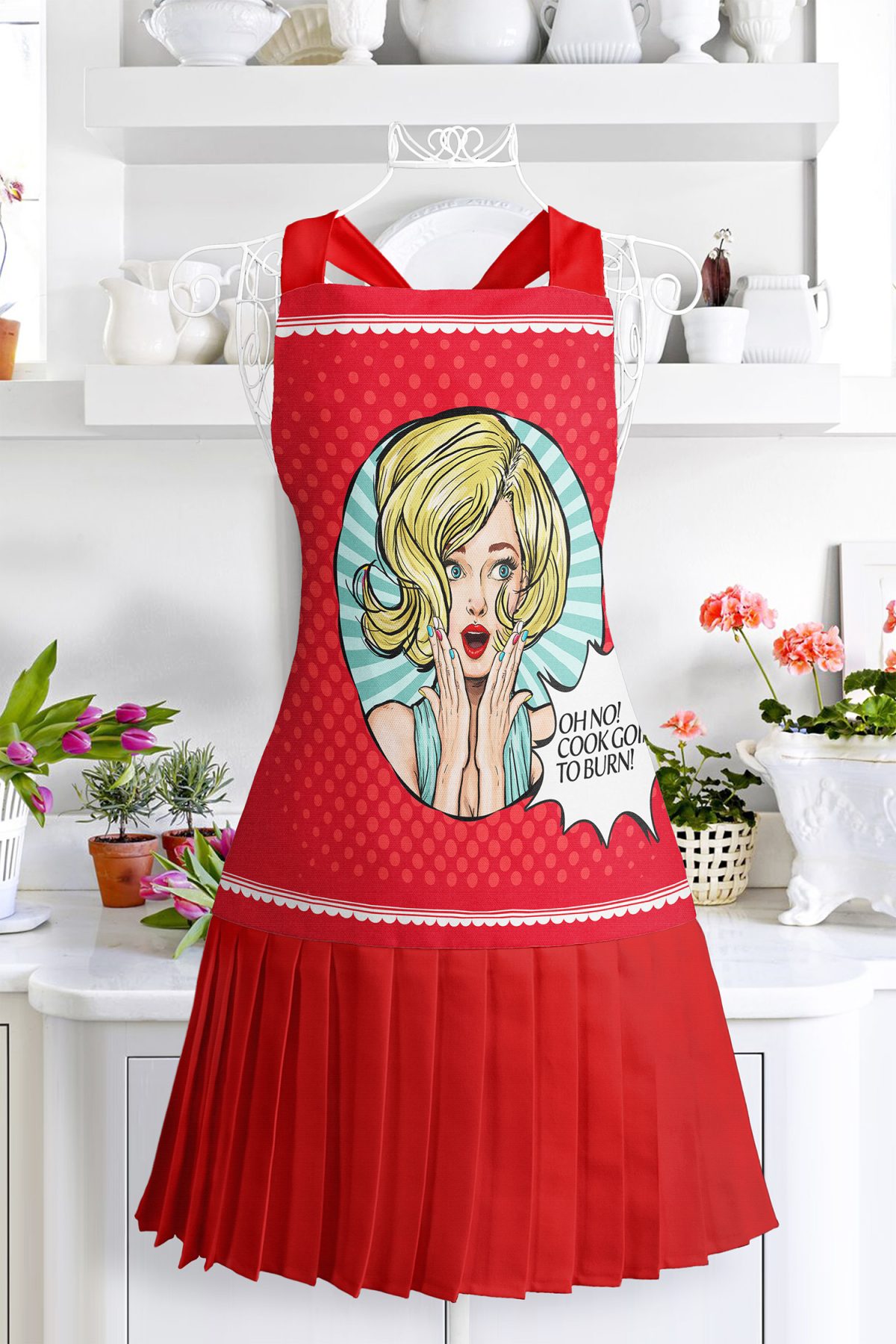 Realhomes Popart Desenli Mutfak Önlüğü - Özel Tasarım Şaşıran Kız Motifli Askılı Bulaşık Aşçı Leke Tutmaz Dijital Baskılı Önlük Realhomes