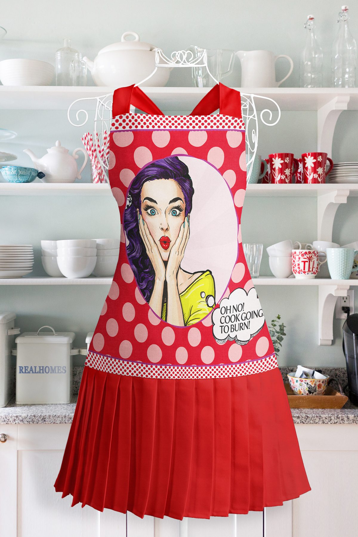 Realhomes Popart Desenli Mutfak Önlüğü - Özel Tasarım Şaşıran Kız Motifli Askılı Bulaşık Aşçı Leke Tutmaz Dijital Baskılı Önlük Realhomes