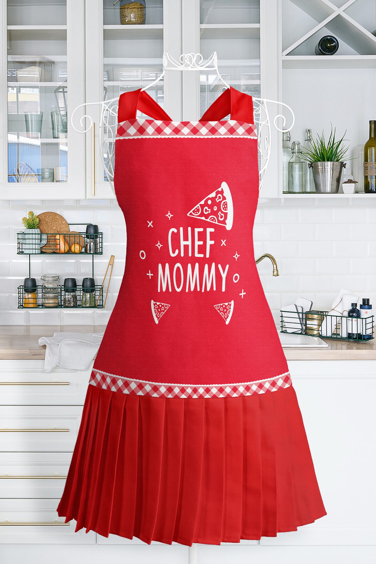 Realhomes Chef Mommy Yazılı Mutfak Önlüğü - Özel Tasarım Pizza Motifli Askılı Bulaşık Aşçı Leke Tutmaz Dijital Baskılı Önlük Realhomes