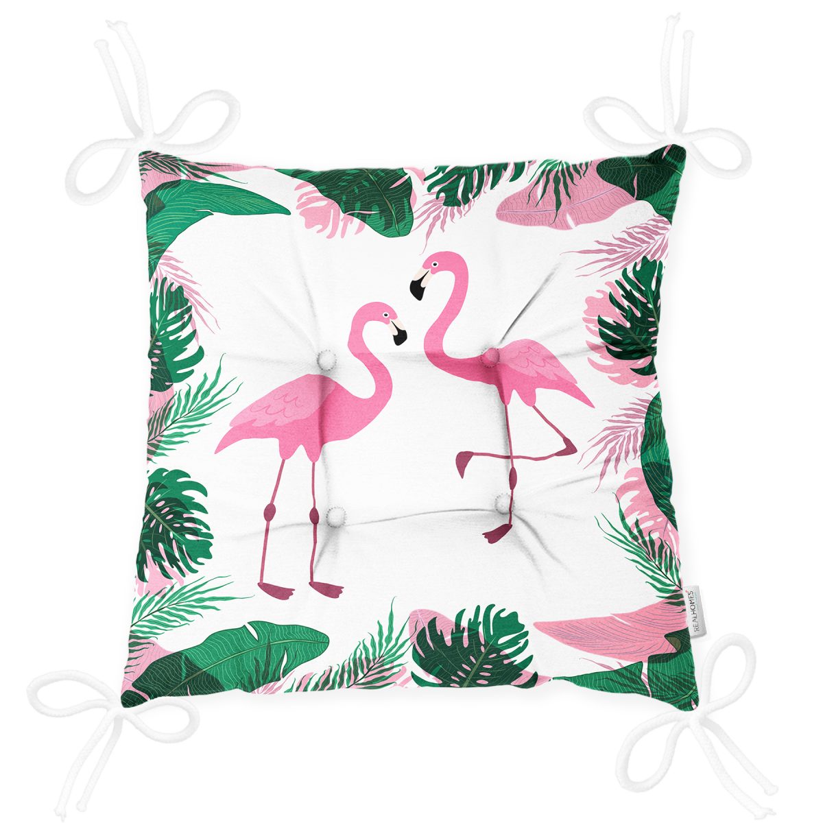 Tropik Yaprak Flamingo Özel Tasarımlı Dijital Baskılı Pofuduk Sandalye Minderi Realhomes