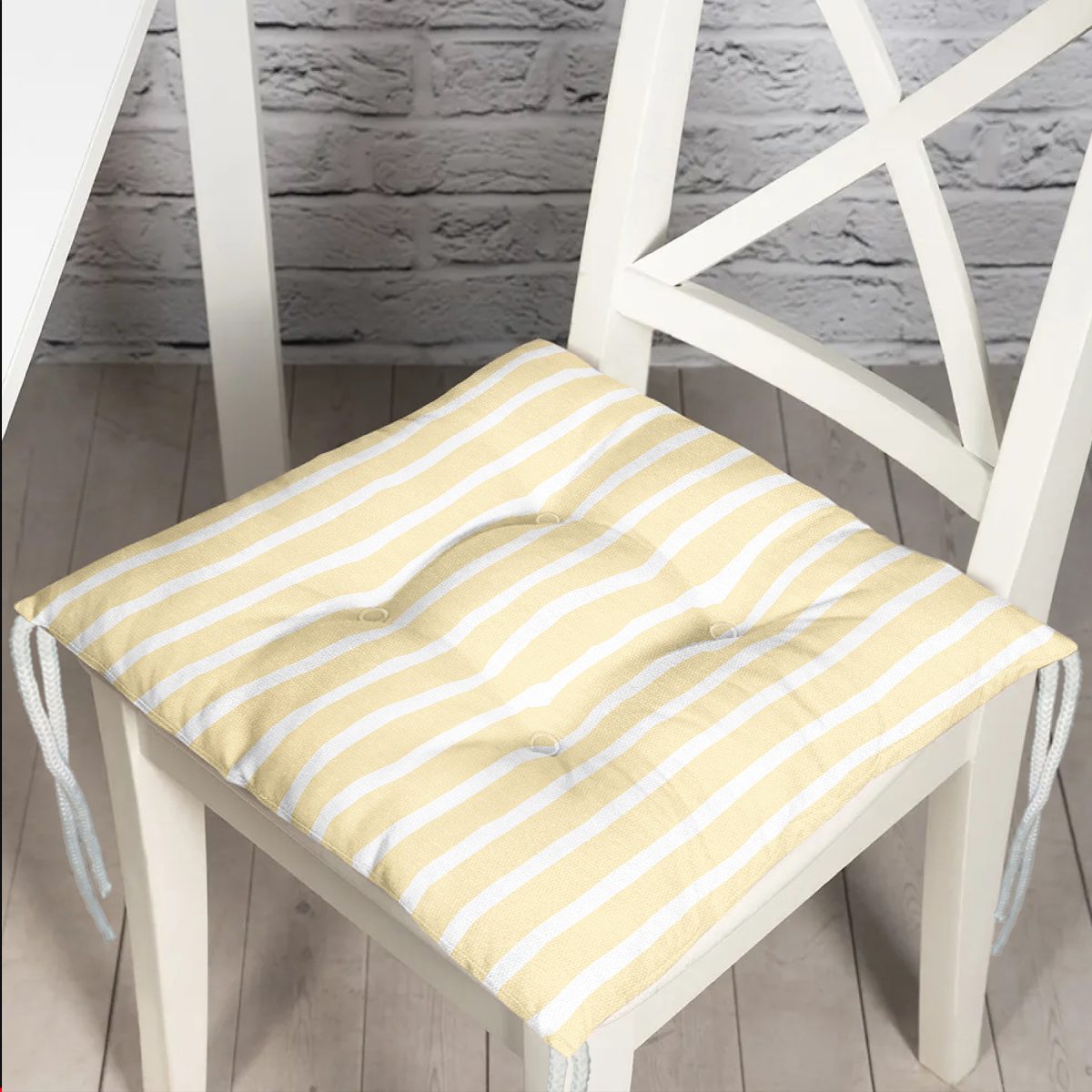 Sarı Beyaz Düz Çizgili Özel Tasarım Pofuduk Sandalye Minderi Realhomes
