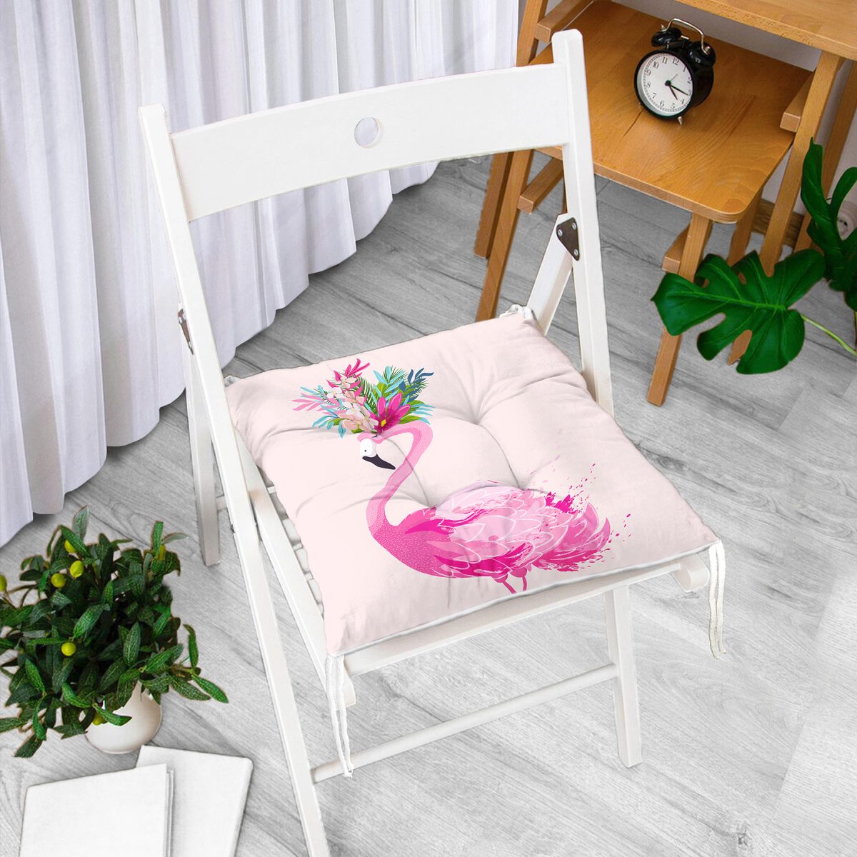 Pembe Flamingo Motifli Dijital Baskılı Pofuduk Sandalye Minderi Realhomes