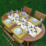 Mermer Detaylı Siyah Beyaz Geometrik Motifli 1 Adet Runner & 4 Adet Yeşil Renkli Amerikan Servis Realhomes