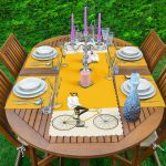 Sarı Krem Zemin Bisikletli Adam Motifli 1 Adet Runner & 4 Adet Yeşil Renkli Amerikan Servis Realhomes