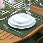 Çizgili Zemin Tropik Yaprak Motifli Modern 1 Adet Runner & 4 Adet Yeşil Renkli Amerikan Servis Realhomes