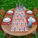 Mavi Kırmızı Damask Motifli Dekoratif 1 Adet Runner & 4 Adet Yeşil Renkli Amerikan Servis Realhomes