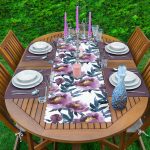 Mor Suluboya Motifli Gül Tasarımlı Modern 1 Adet Runner & 4 Adet Yeşil Renkli Amerikan Servis Realhomes