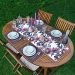 Mor Suluboya Motifli Gül Tasarımlı Modern 1 Adet Runner & 4 Adet Yeşil Renkli Amerikan Servis Realhomes