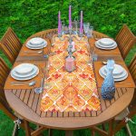 Turuncu Damask Tasarımlı Dijital Baskılı Dekoratif 1 Adet Runner & 4 Adet Yeşil Renkli Amerikan Servis Realhomes