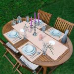 Pembe Zemin Oneline Gül Çizimli Modern 1 Adet Runner & 4 Adet Yeşil Renkli Amerikan Servis Realhomes