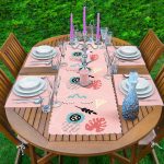 Pembe Zemin Onedraw Temalı Dekoratif 1 Adet Runner & 4 Adet Yeşil Renkli Amerikan Servis Realhomes