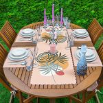 Pudra Zemin Tropik Yaprak Tasarımlı 1 Adet Runner & 4 Adet Yeşil Renkli Amerikan Servis Realhomes