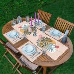 Pudra Zemin Tropik Yaprak Tasarımlı 1 Adet Runner & 4 Adet Yeşil Renkli Amerikan Servis Realhomes