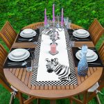 Damalı Çerçeve Motifli Zebra Desenli Dekoratif 1 Adet Runner & 4 Adet Yeşil Renkli Amerikan Servis Realhomes