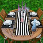 Gold Detaylı Siyah Beyaz Çizgili Özel Tasarım 1 Adet Runner & 4 Adet Yeşil Renkli Amerikan Servis Realhomes