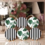 - RealHomes Dijital Baskılı Servis Altlığı - Supla - 6'lı - Realhomes 6'lı Siyah Beyaz Çizgili Tropik Yapraklar Özel Tasarım Modern Yuvarlak Servis Altlığı & Supla Realhomes