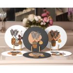 6'lı Tropik Yapraklar Saksı Motifli Dijital Baskılı Yuvarlak Servis Altlığı & Supla Realhomes