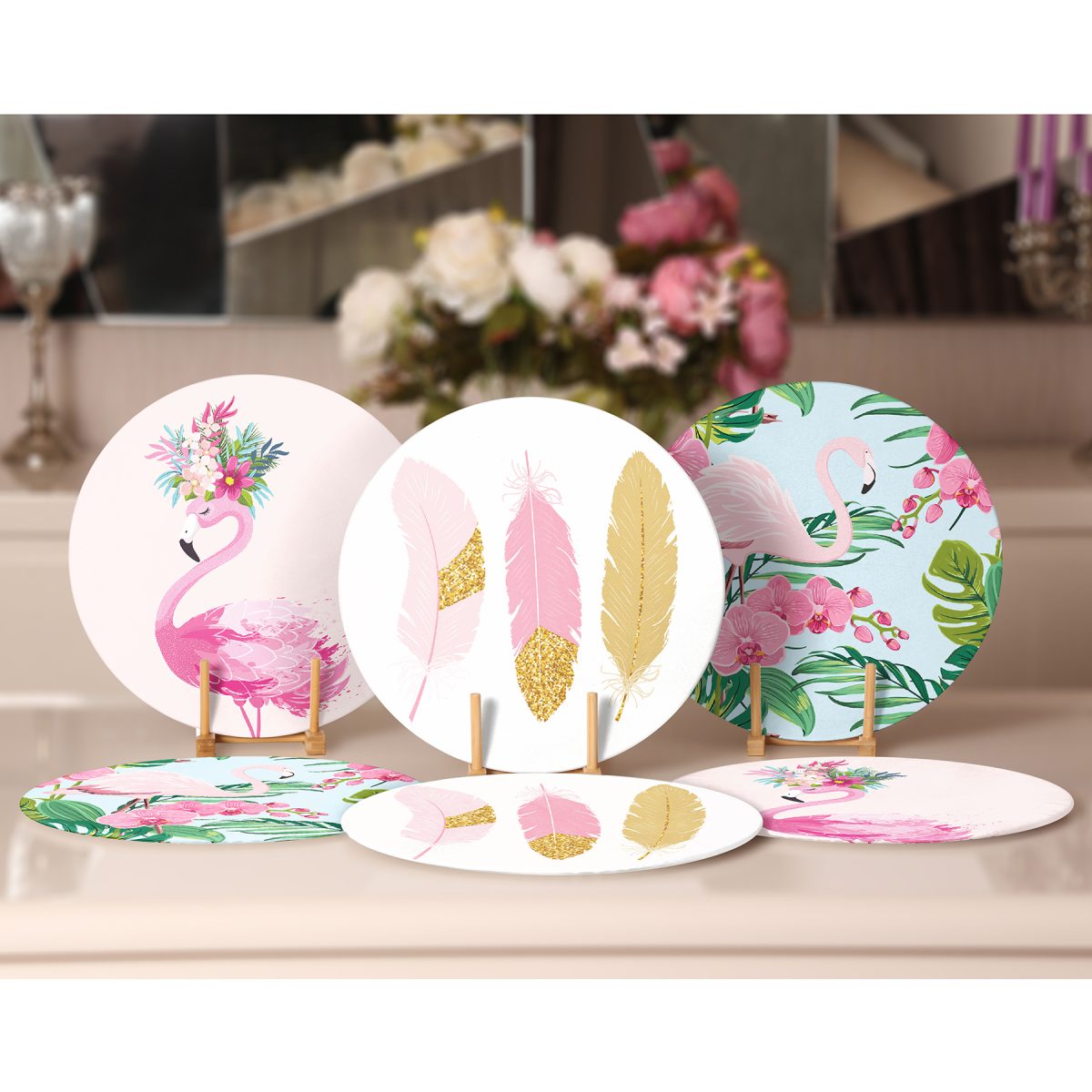 6'lı Pembe Temalı Flamingo Tasarımlı Dijital Baskılı Modern Yuvarlak Servis Altlığı & Supla Realhomes