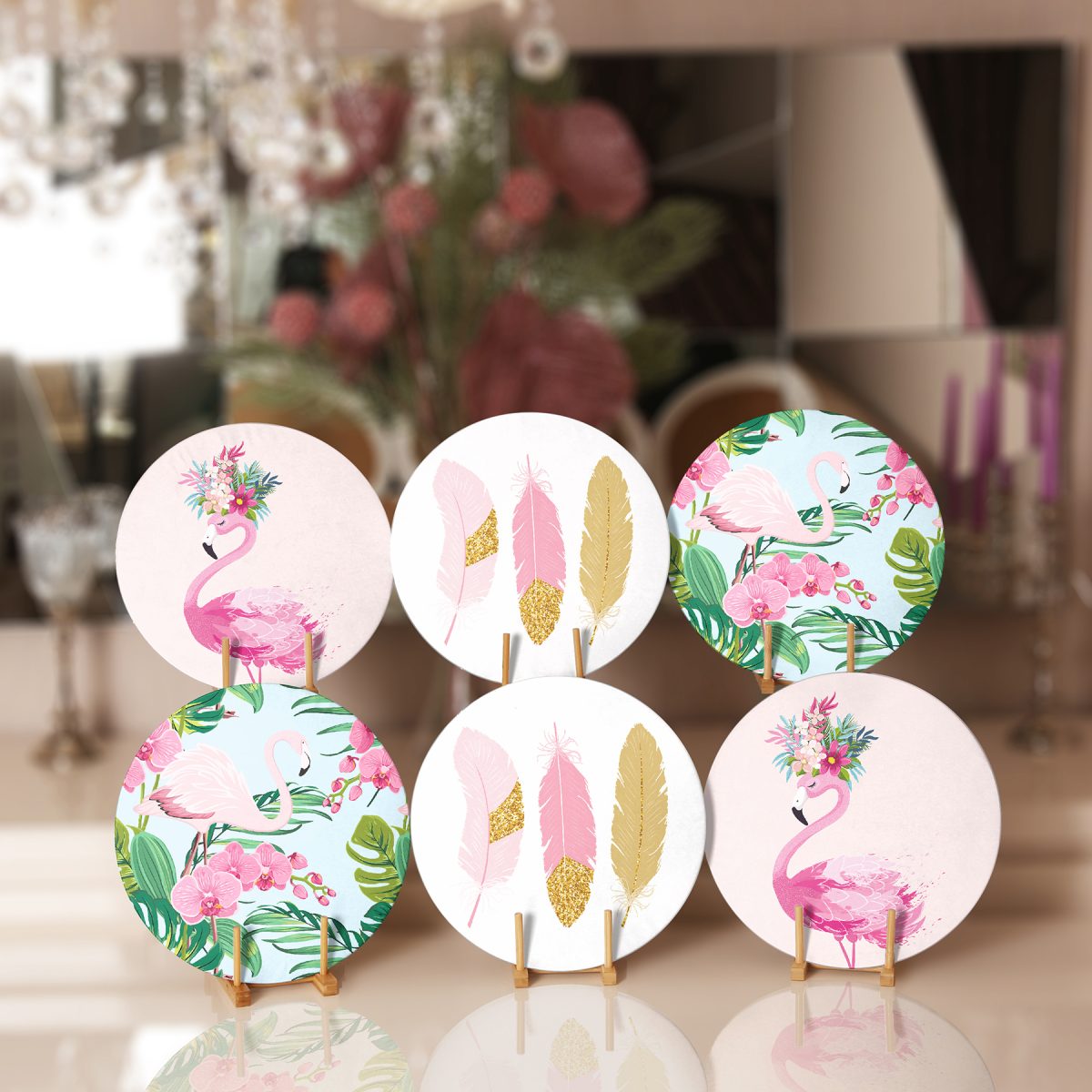 6'lı Pembe Temalı Flamingo Tasarımlı Dijital Baskılı Modern Yuvarlak Servis Altlığı & Supla Realhomes