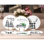 - RealHomes Dijital Baskılı Servis Altlığı - Supla - 6'lı - Realhomes 6'lı Siyah Beyaz Ekose Motifli Christmas Temalı Modern Yuvarlak Servis Altlığı & Supla Realhomes