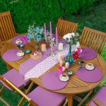 Realhomes Mor & Beyaz Ogea Desenli Püsküllü Runner & 6'lı Mor Düz Renk Supla - Servis Altlığı Realhomes