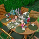 Realhomes Çizgili Zemin Tropik Yaprak Motifli Püsküllü Runner & 6'lı Yeşil Düz Renk Supla - Servis Altlığı Realhomes