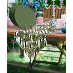 Realhomes Çizgili Zemin Tropik Yaprak Motifli Püsküllü Runner & 6'lı Yeşil Düz Renk Supla - Servis Altlığı Realhomes