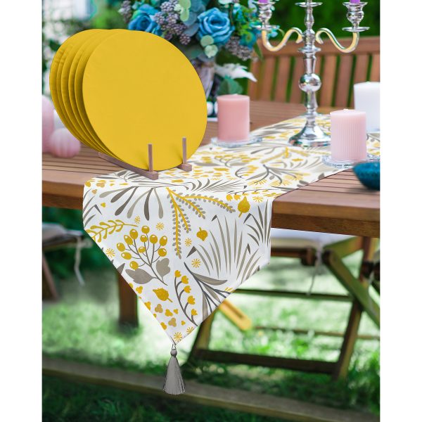 - RealHomes Özel Tasarım 6'lı Supla & Avangarde Runner Seti - Realhomes  Realhomes 6+1 Tropik Yapraklar Onedraw Temalı Dijital Baskılı Dekoratif Püsküllü Runner ve Yuvarlak Servis Altlığı & Supla Seti Realhomes