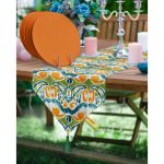 - RealHomes Özel Tasarım 6'lı Supla & Avangarde Runner Seti - Realhomes  Realhomes Yeşil Damask Tasarımlı Püsküllü Runner & 6'lı Turuncu Düz Renk Supla - Servis Altlığı Realhomes