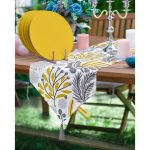 Realhomes Sanatsal Tropik Yaprak Motifli Püsküllü Runner & 6'lı Hardal Düz Renk Supla - Servis Altlığı Realhomes