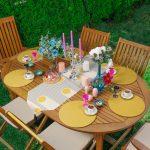 Realhomes Krem Zemin Çizgili Tasarımlı Püsküllü Runner & 6'lı Hardal Düz Renk Supla - Servis Altlığı Realhomes