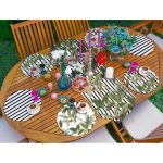 Realhomes 6+1 Düz Çizgili Tropik Yapraklar Özel Tasarımlı Püsküllü Runner ve Yuvarlak Servis Altlığı & Supla Seti Realhomes