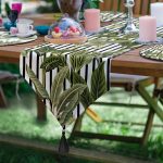 Realhomes 6+1 Düz Çizgili Tropik Yapraklar Özel Tasarımlı Püsküllü Runner ve Yuvarlak Servis Altlığı & Supla Seti Realhomes