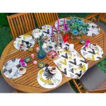 Realhomes 6+1 Geometrik Üçgen Tasarımlı Tropik Yaprak Motifli Dijital Baskılı Püsküllü Runner ve Yuvarlak Servis Altlığı & Supla Seti Realhomes