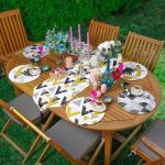 Realhomes 6+1 Geometrik Üçgen Tasarımlı Tropik Yaprak Motifli Dijital Baskılı Püsküllü Runner ve Yuvarlak Servis Altlığı & Supla Seti Realhomes