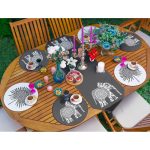 Realhomes 6+1 Karakalem Etnik Fil Motifli Tropik Yaprak Tasarımlı Püsküllü Runner ve Yuvarlak Servis Altlığı & Supla Seti Realhomes