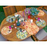 Realhomes 6+1 Turuncu Yeşil Renkli Suluboya Tasarımlı Dekoratif Püsküllü Runner ve Yuvarlak Servis Altlığı & Supla Seti Realhomes